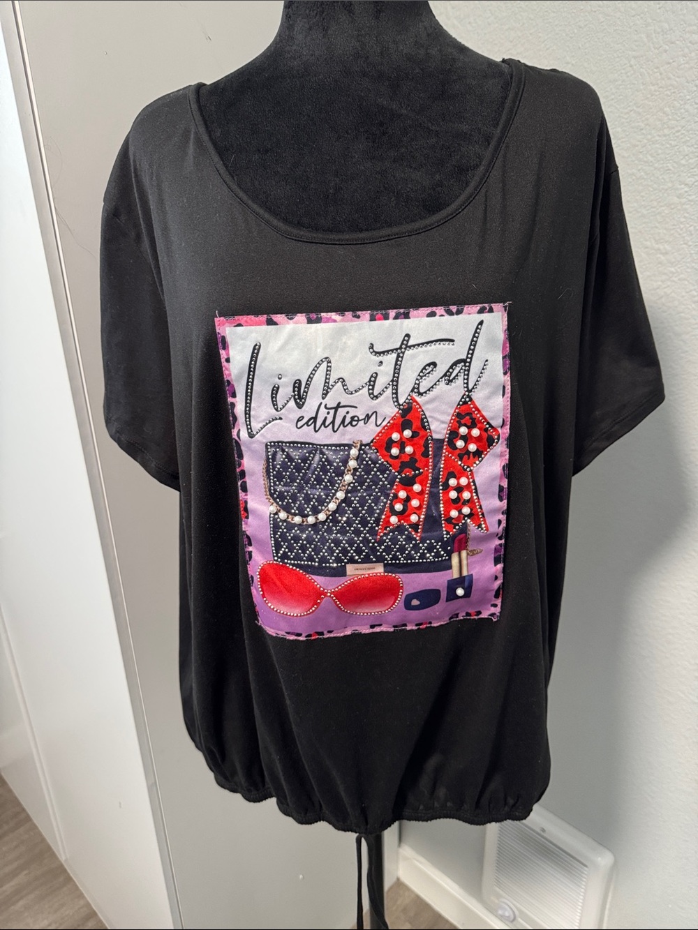 Black Short Sleeve Women's Tee with Pink and Red Graphic - Limited Edition